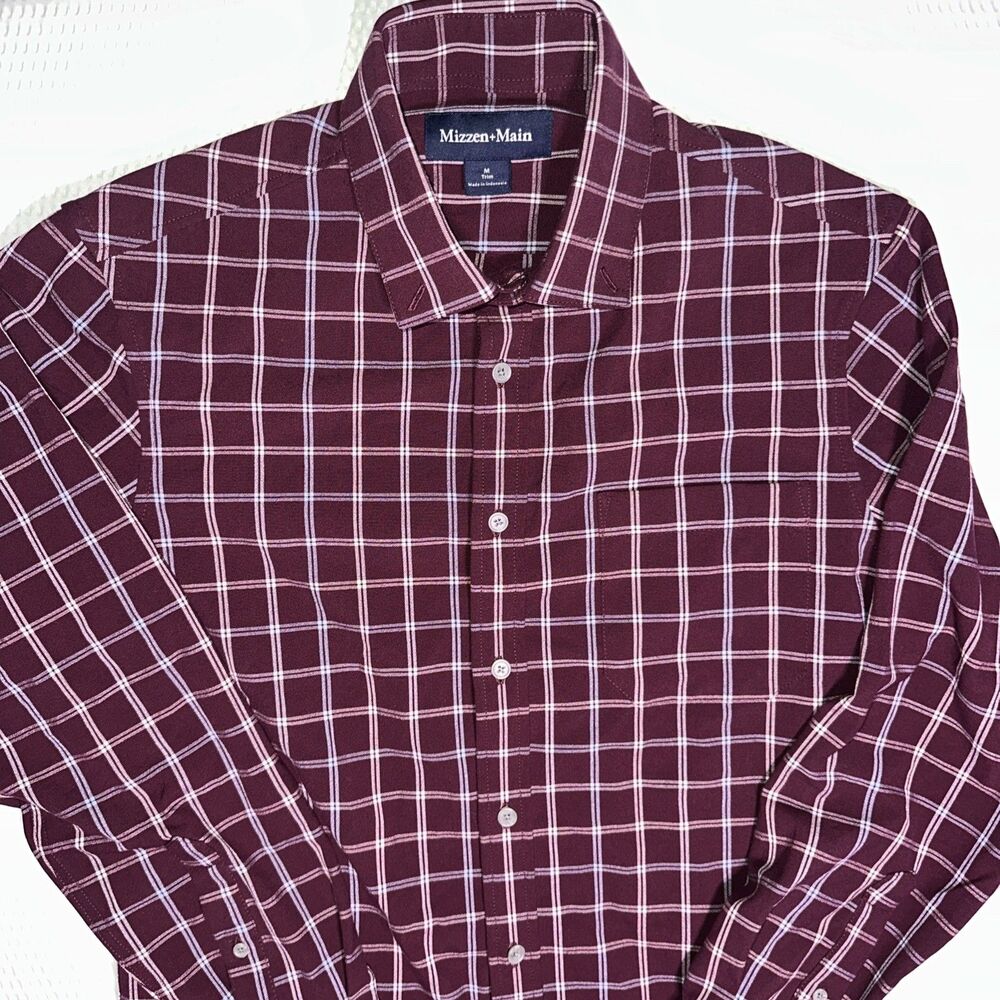 Mizzen+Main Mens Trim Fit Plaid Burgundy Button Up Shirt Medium